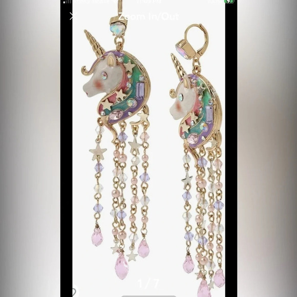 BETSEY JOHNSON Retired Long Dangling Unicorn Enamel AB Crystals Earrings NEW NWT - Picture 3 of 7